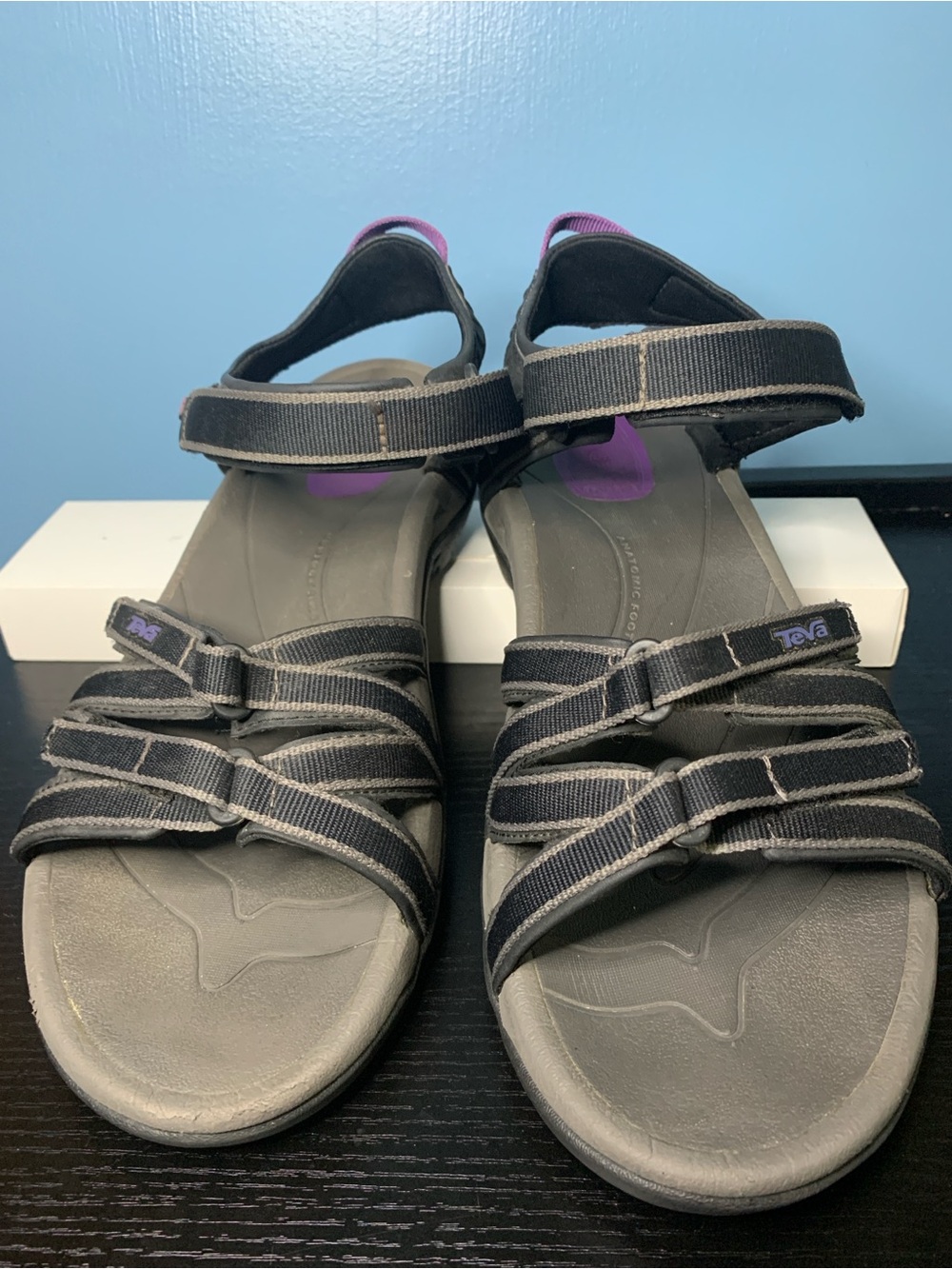 Teva Women's Black Strappy Comfort Sandals with Purple Accents